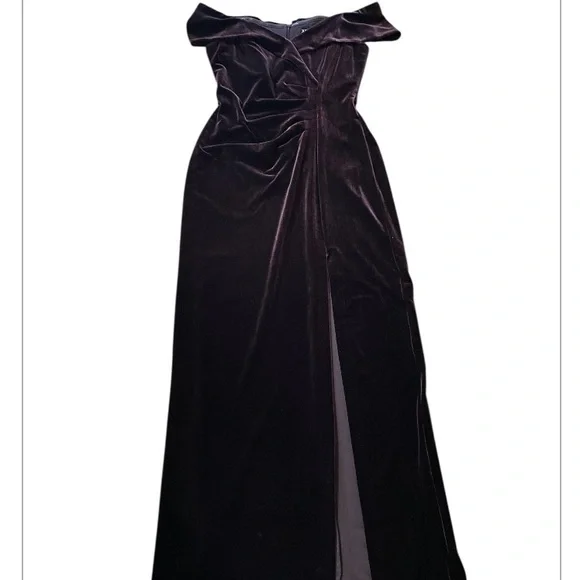 Xscape Velvet Burgundy Off the shoulder Evening maxi Dress Gown with side slit - Picture 10 of 13